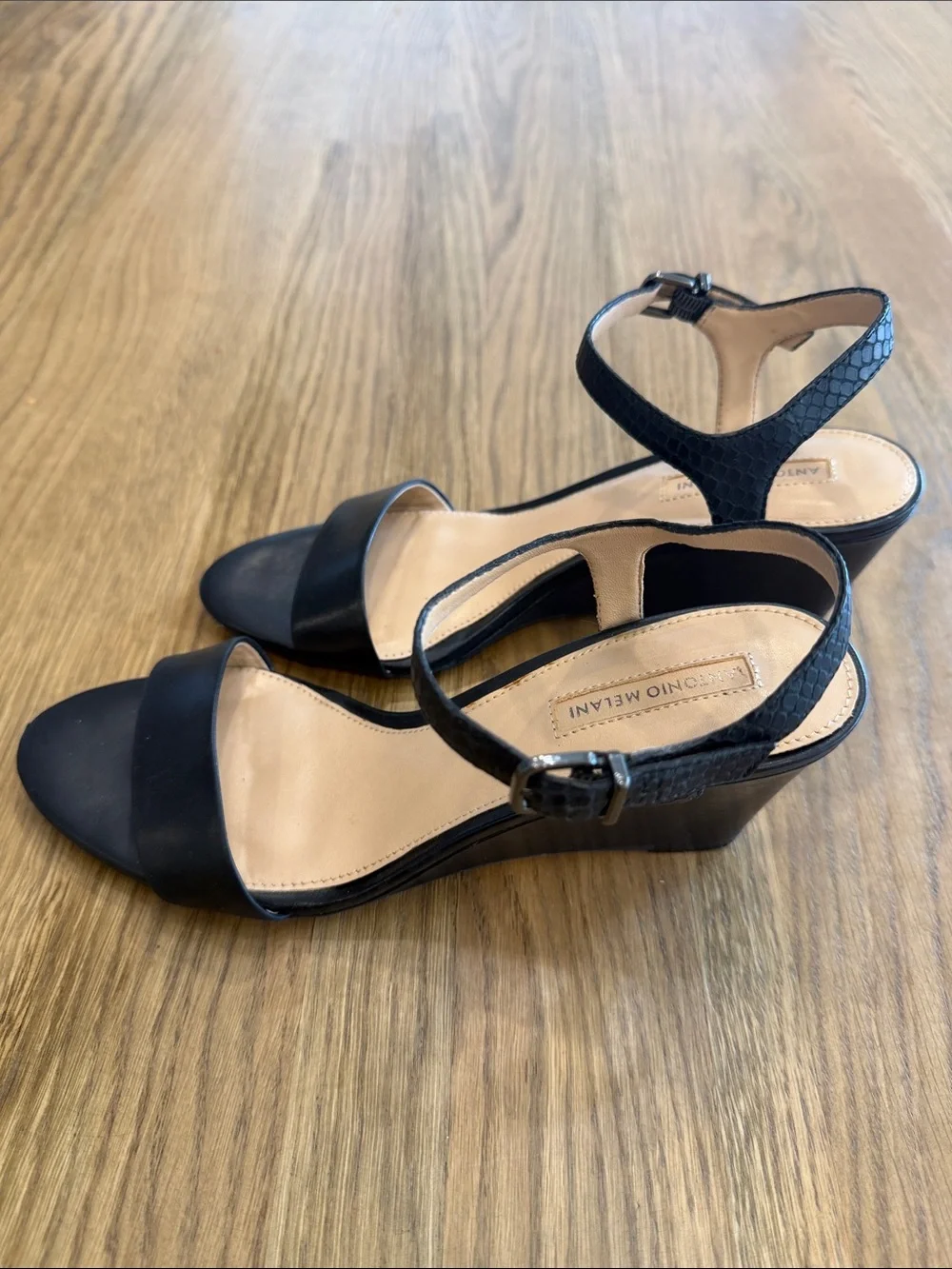 ANTONIO MELANI Black Leather Wedge Sandals Ankle Strap Size 8 Dress Heels